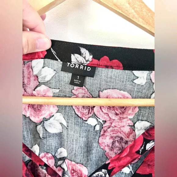 Torrid Midi Stretch Challis Tie Neck Black Dark Romantic Floral Midi Dress Sz 1X - Picture 7 of 11